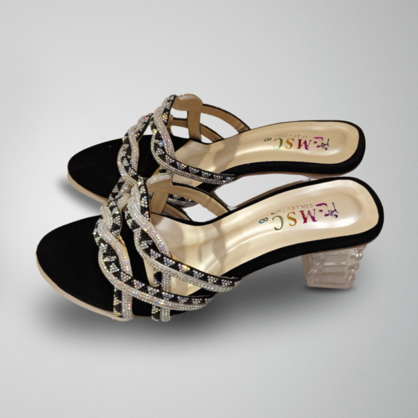 Black velvet heels with rhinestone twist and transparent block heel – JI Accessories