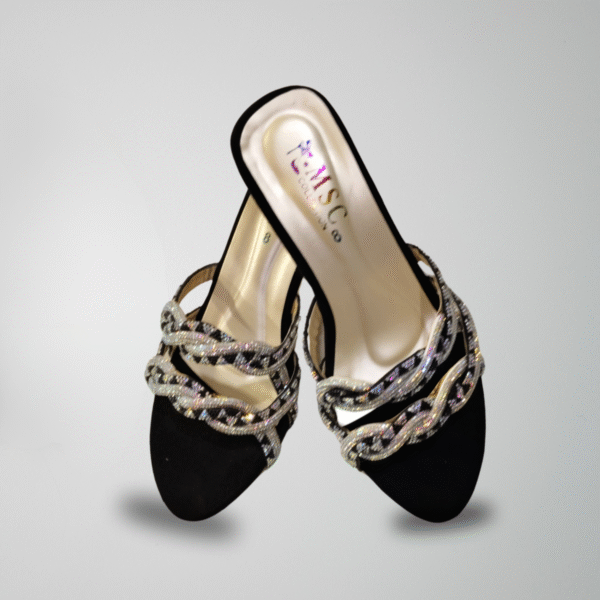 Black velvet heels with rhinestone twist and transparent block heel – JI Accessories